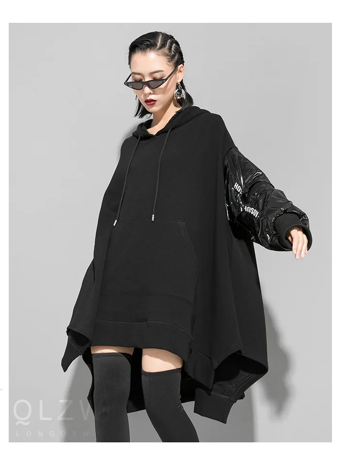 QING MO Black Women Hooded Sweatshirt Women Winter Irregular Sweatshirt Female Streetwear Loose Sweatshirt ZQY2137
