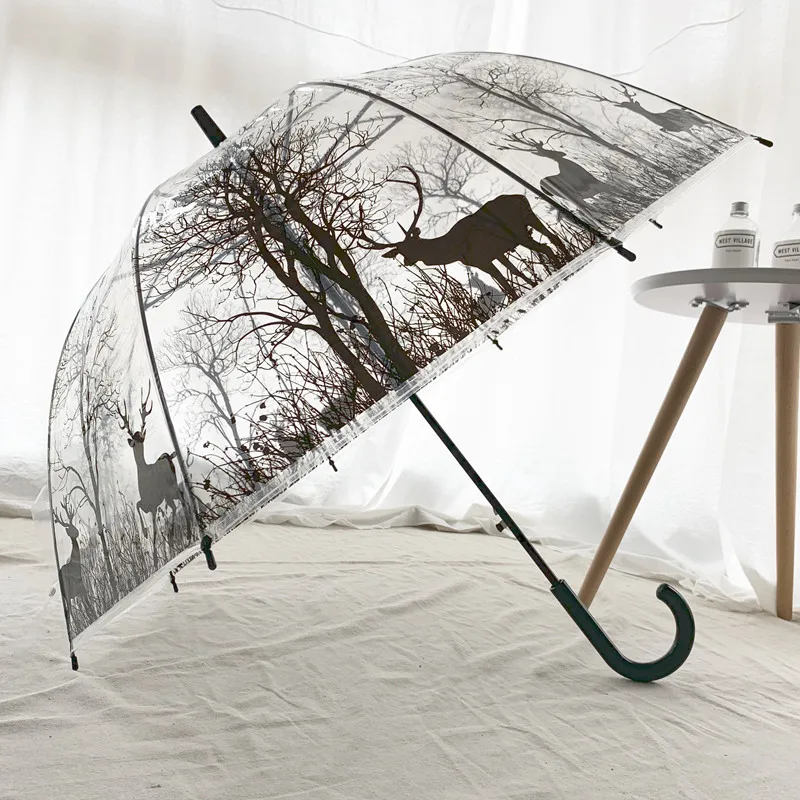 LIBERAINY Beautiful transparent umbrella, long handled umbrella in Japan, Korean girl in black and white, fresh and simple, Prin - Цвет: elk