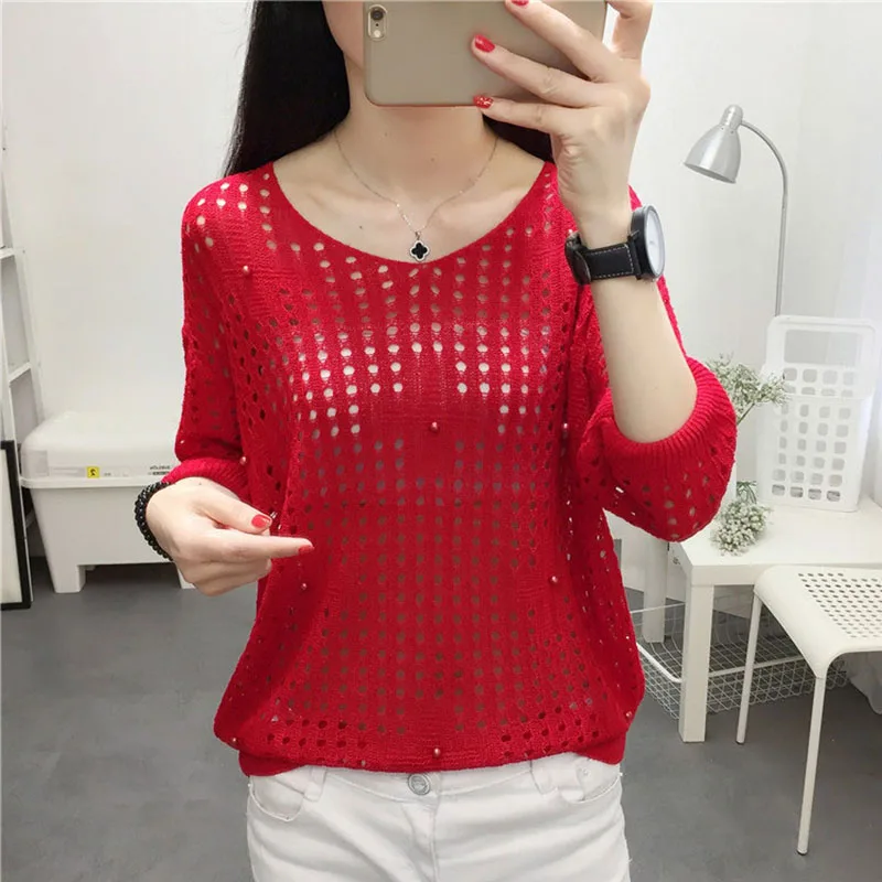 Hollow Out Knitted Summer Tops Thin Half Sleeve Ladies Mesh Pull Jumper Knitting Femme O-Neck Pullovers Female Sweater | Женская одежда
