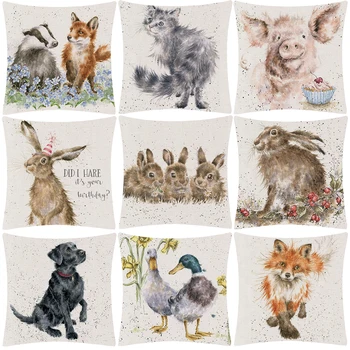 

Lovely Animals Fox Dog Cat Cushion Covers Hand Painting Hare Squirrel Pig Cow Cushion Cover Home Decorative Linen Pillow Case