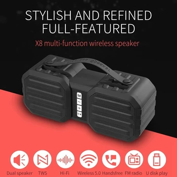 

X8 Wireless Bluetooth Speaker Portable HiFi Multi-Function Soundbox TWS Stereo Sound Support TF/U Disk/AUX IN/Phone Bracket/FM R