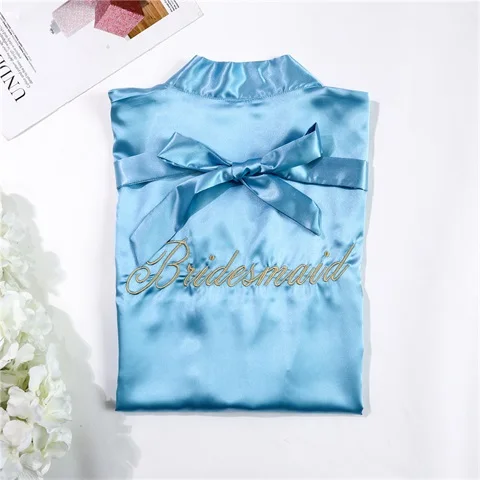 sky blue Bride Модное Шелковое Розовое нарядное платье подружки невесты халат атласный пикантные Для женщин короткий атласный свадебное кимоно халаты пижамы Ночная рубашка платье женская ночная рубашка в комплекте с купальным халатом - Цвет: sky blue Bride