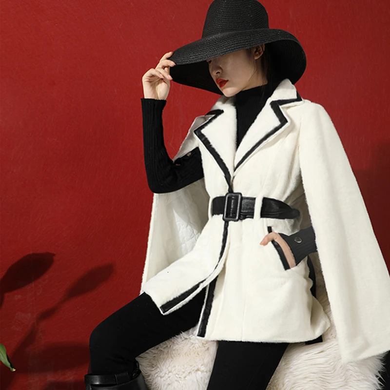 CHICEVER Patchwork Hit Color Woolen Coats For Female Lapel Collar High Waist Shawl Elegant Jackets Women Fashion Autumn New