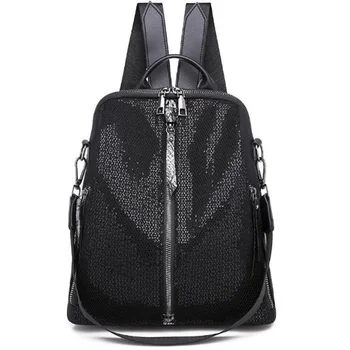 

New Korean Travel Backpack Casual Student Bag Women'S Nylon Waterproof Black Sequin Backpack Female
