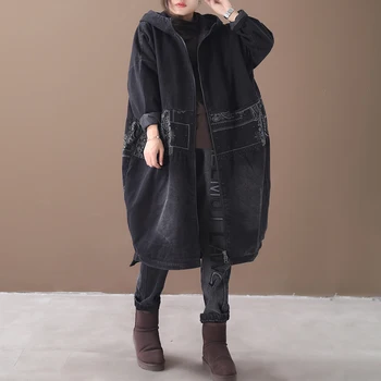 

Female new autumn and winter Korean style plus plus size literary hooded stitching thickening do-old loose denim coat