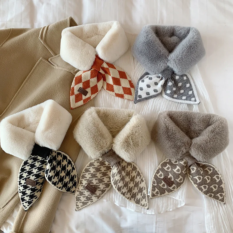 Autumn Winter Faux Rabbit Fur Scarf Cross Keep Warm Straps Scarves Cute Polka Dot Sacrf Female Fake Fur Collar baby knitted hat scarf set autumn winter keep warm thicken cap for girls boys cute cartoon penguin caps beanies scarf baby stuff