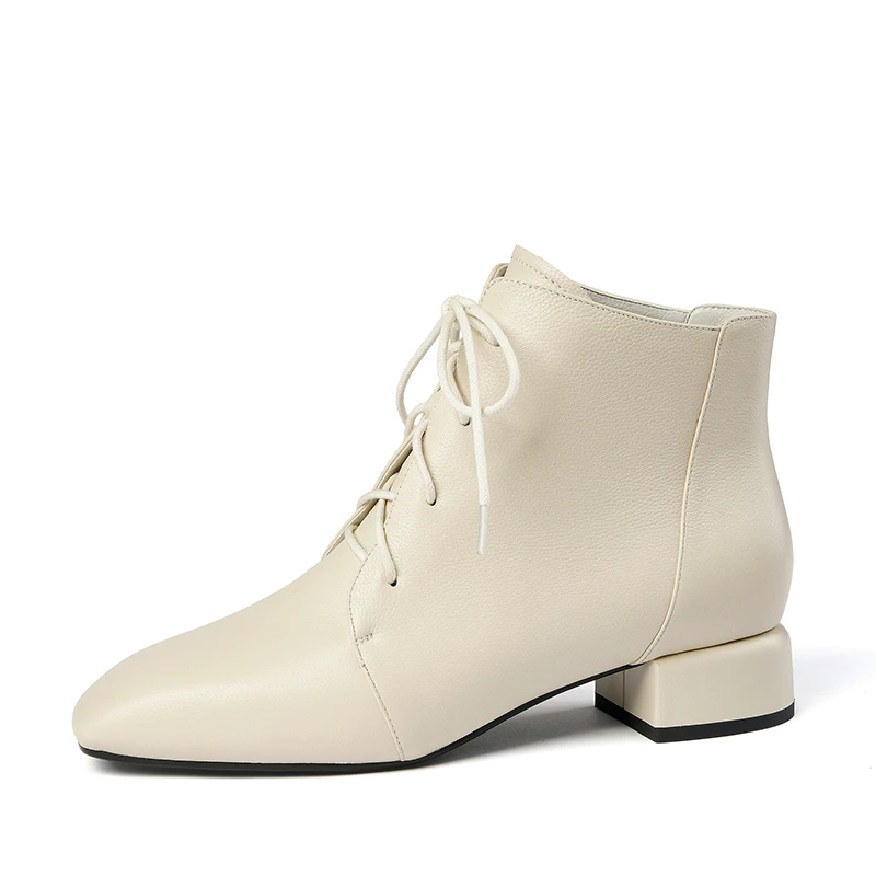 Office Ladies Genuine Leather Low Heels Ankle Boots Quality Autumn Winter Lace-up Boots Women Elegant Party Shoes Woman - Цвет: Бежевый