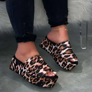 

Fashion Leopard Print Heels Slides Wedge Sandals Women Summer Sexy Platform Slippers Black Big Size 42 Slipper Pantuflas Talon