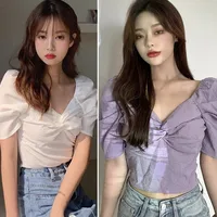 Women's Solid Color Elegant Blouses Short Sleeve Ladies Summer V Neck Shirt Korean Style Tops 2020 1