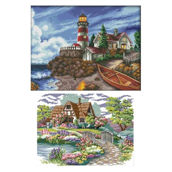 

2 Set Printed Cross Stitch Kits 11Ct Cotton Diy Embroidery Starter Kits Embroidery - Dream Home & the Seaside Lighthouse