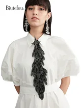 【Biutefou】Women Artistic Design Swan Feather Embroidery Color Block Tie