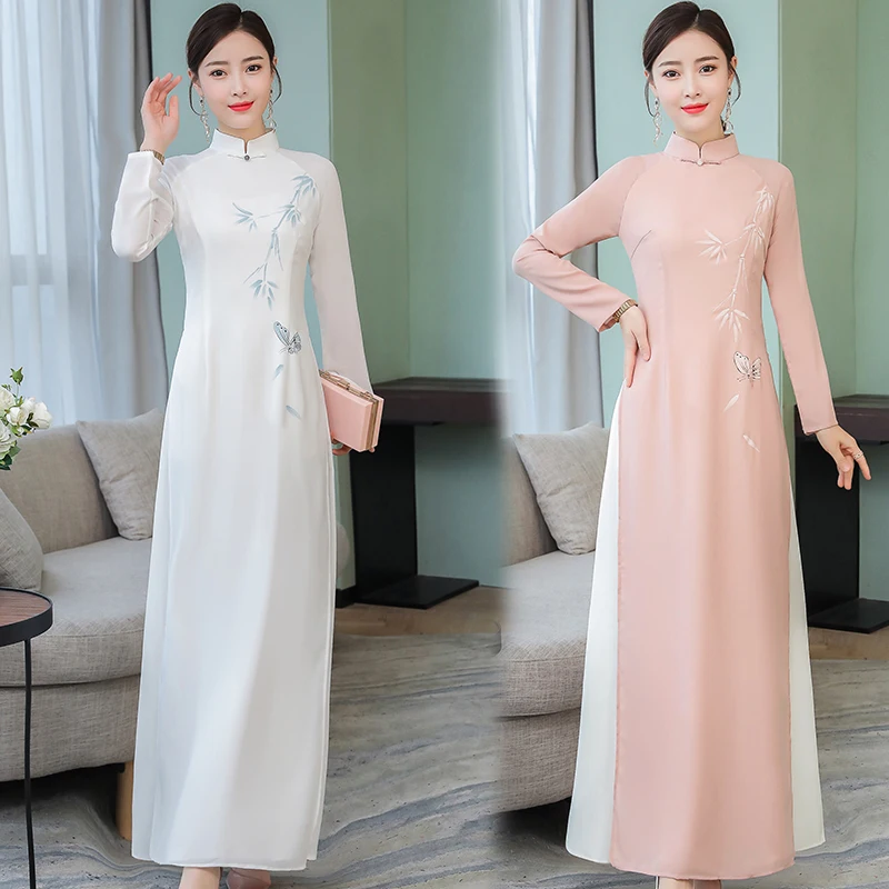 ao dai шифоновое длинное женское вьетнамское платье Ципао с цветочным принтом, винтажное элегантное китайское традиционное платье с воротником-стойкой
