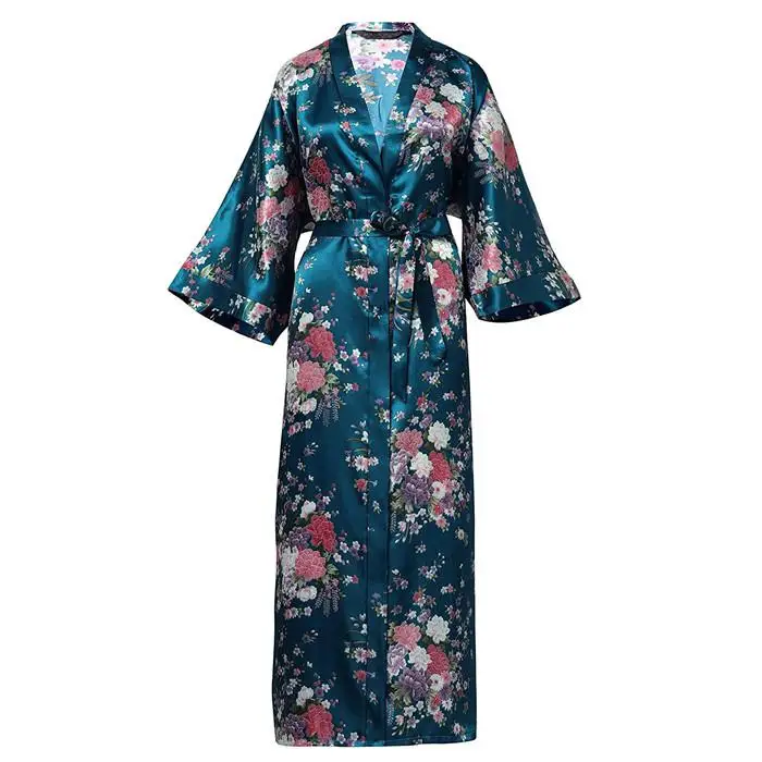 Женская пижама размера плюс 3XL 4XL, Атласный халат с цветочным принтом, новинка, кимоно, ночная рубашка, сексуальное интимное белье, домашняя одежда - Цвет: Lake Blue C