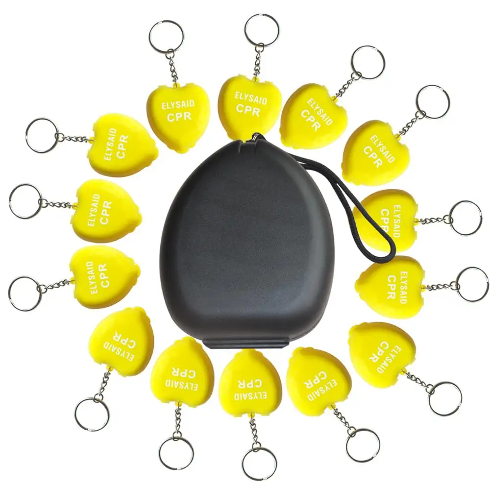 14pcs Elysaid CPR Protect Masks Keys Chain Mouth To Mouth Resuscitator CPR Face Shields Mini Yellow Heart Box With One-way Valve