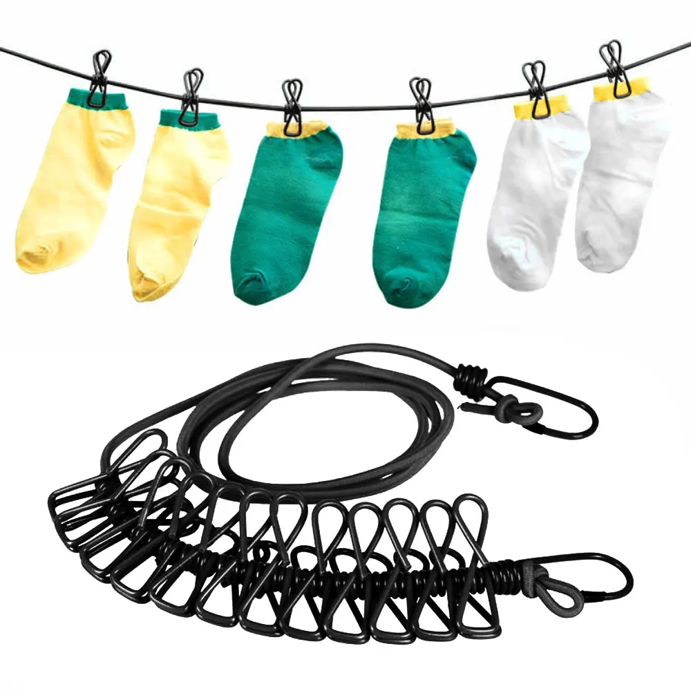 

Retractable Clothesline Elastic Washing Line With 12 Clips Home Socks Underwear Clothes Hanger Windproof Stretch Drying Rack