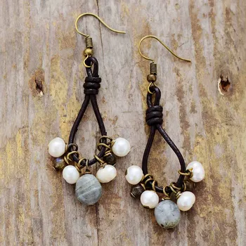 Vintage Women Earrings Freshwater Pearls Labradorite Leather Earrings Designer Bohemia Earrings Pearl Jewelry Dropship
