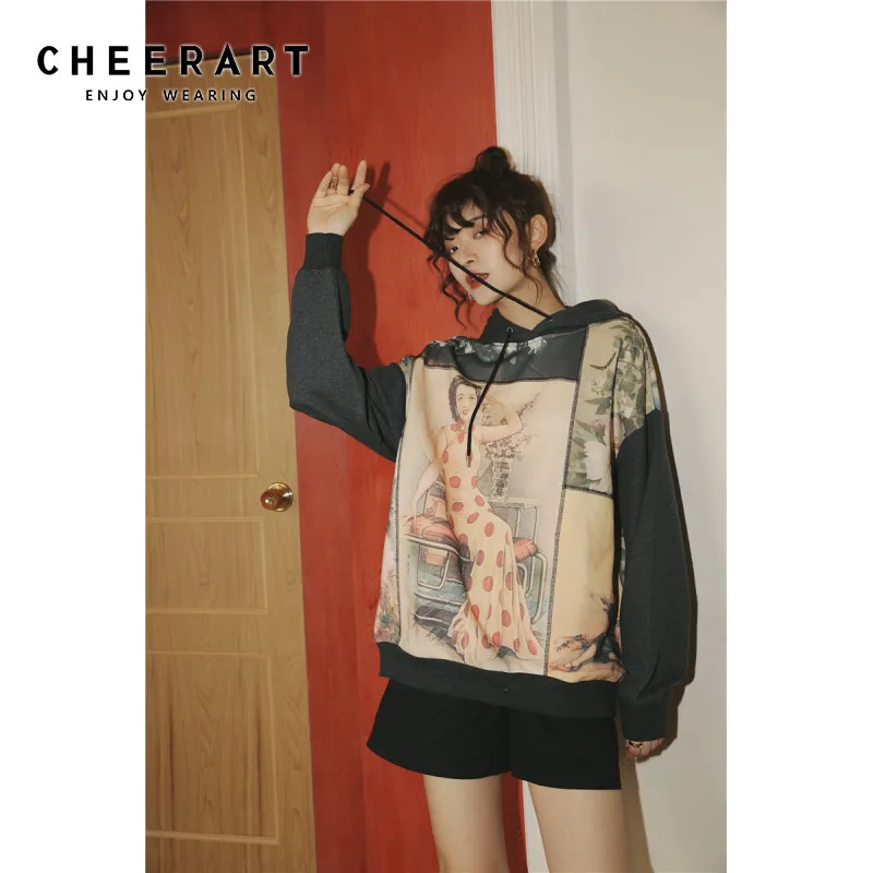 

Cheerart Vintage Hoodies Women Print Long Sleeve Sweatshirt Harajuku Designer Hoodies 3/4 Raglan Sweatshirt Fall 2019