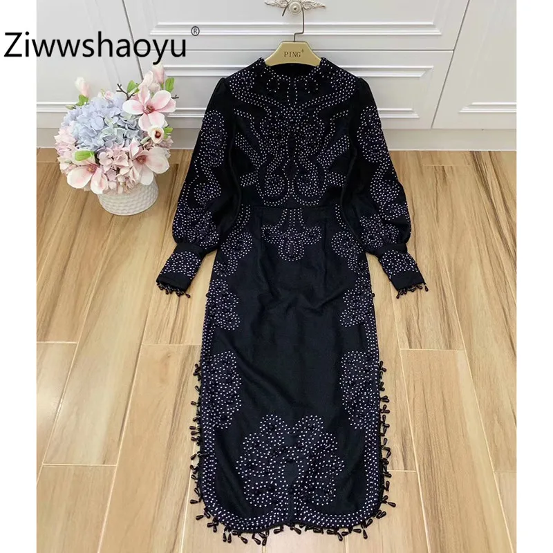 

Ziwwshaoyu High End Autumn Cotton Linen Embroidery Party Black Dress Women Lantern Sleeve pearl Pendant Sexy Split Midi Dresses