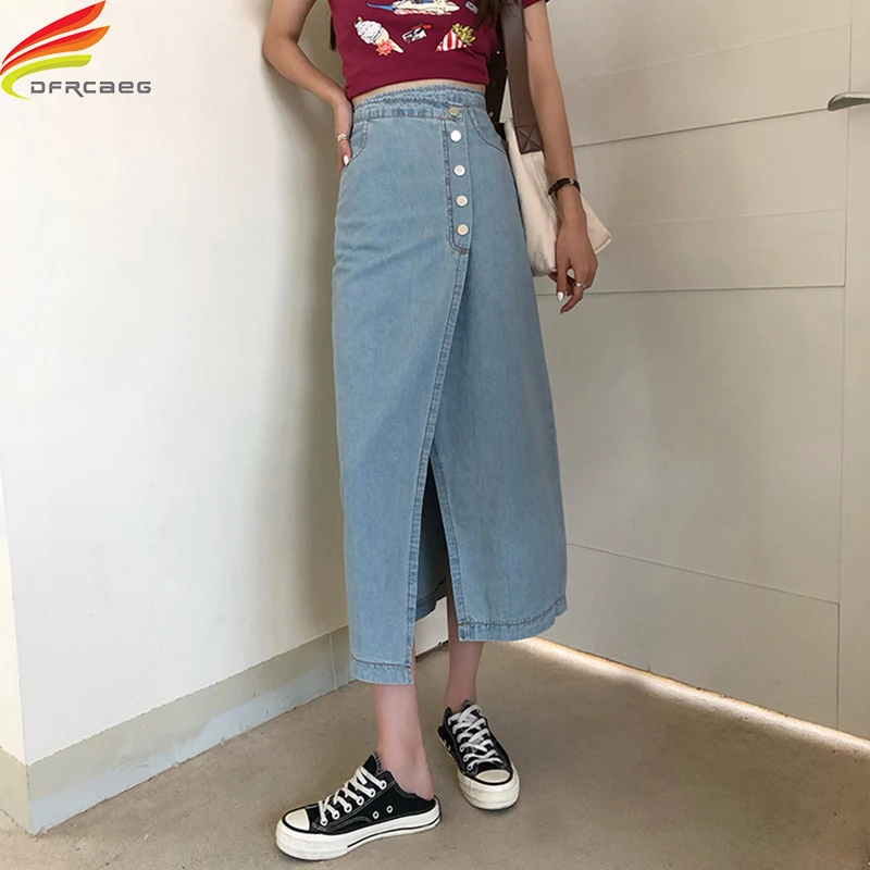 

New 2020 Autumn High Waist Irregular Single Button Long Skirt Jeans Fashionable Casual Lady Elegant Denim Skirts Womens Hot Sale