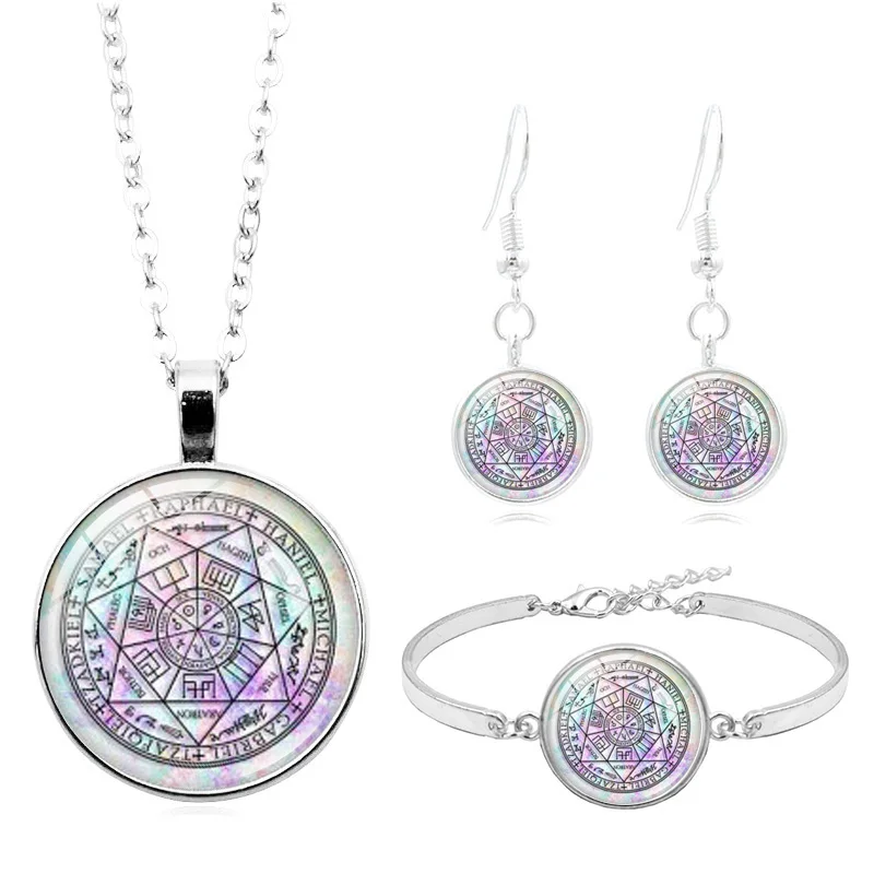 2020 New Cabochon Glass Jewelry Set Seals of The Seven Archangels Pendant Necklace Bracelet Earring Sets for Women | Украшения и