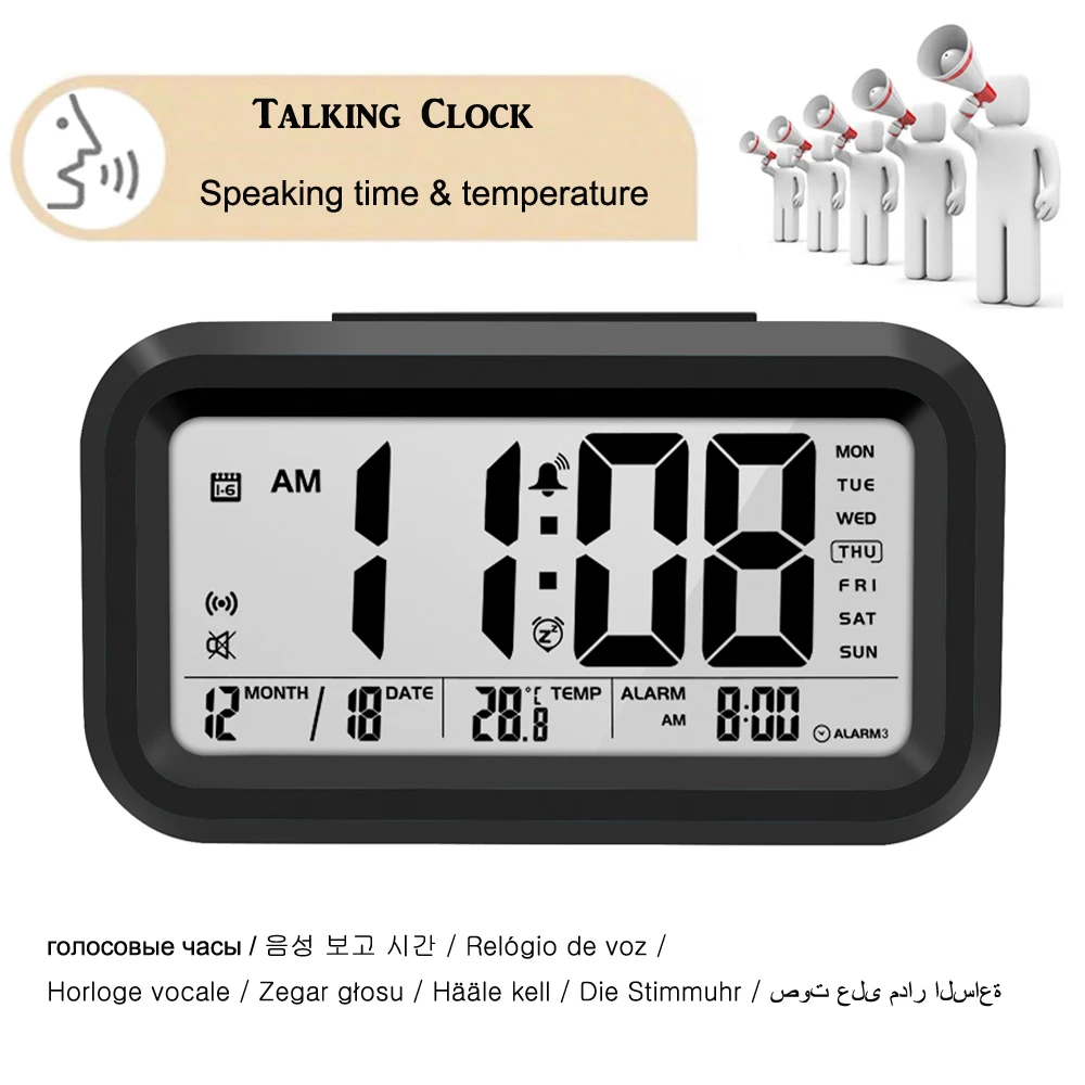 

Talking Clock Speaking Time and Temperature Digital Snooze Alarm Clock with Thermometer Calendar Backlight