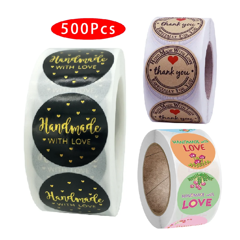 

500Pcs/roll Aesthetic Handmade with Love Thank You Sticker Seal Label Baking Order Support Scratch Off Self-adhesive Washi Tape