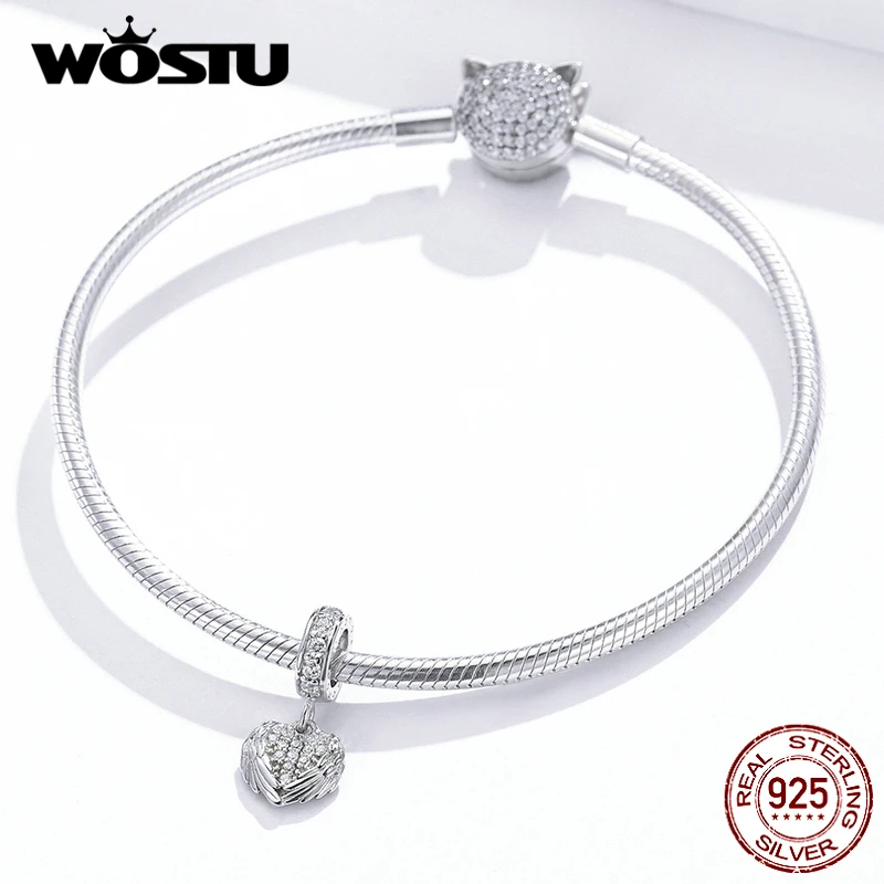 WOSTU, 925 пробы, серебряные подвески в виде крыла сердца, циркониевые бусины, подходят для оригинального браслета, самодельные подвески, модные свадебные украшения CTC138