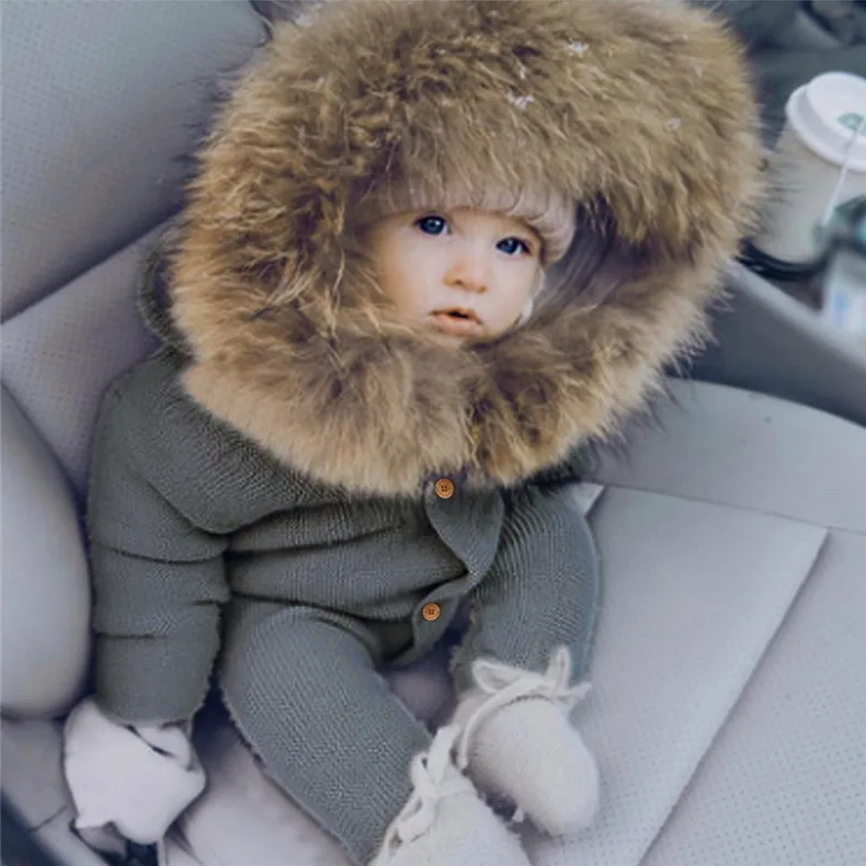 Winter Warm Children's Overalls Boys Clothes Bear Knitted Newborn Baby Rompers Hooded Full Sleeves Infant Girl Jumpsuits Outfits