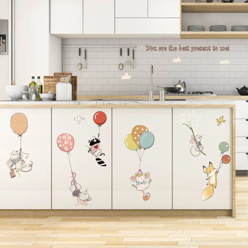 

Cartoon Mouse Balloon wall Sticker Cute Animal Kids Room Bedroom Nursery Mural Decals DIY Vinyl Dorm Creative Decor
