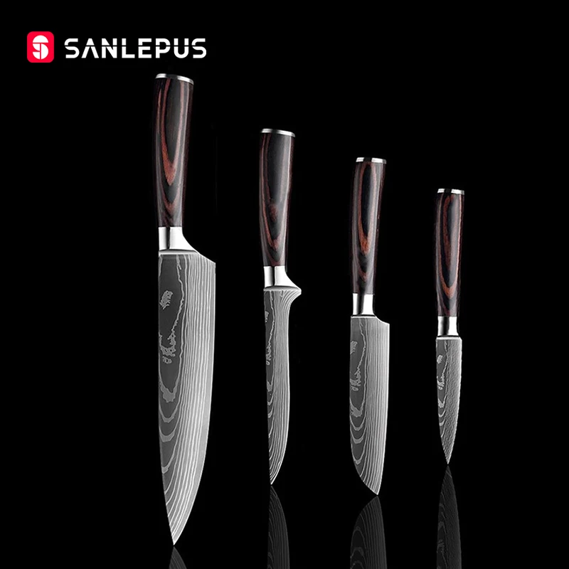 Нож шеф-повара SANLEPUS набор из 4 кухонных резцов с лазерным Дамасским узором острый