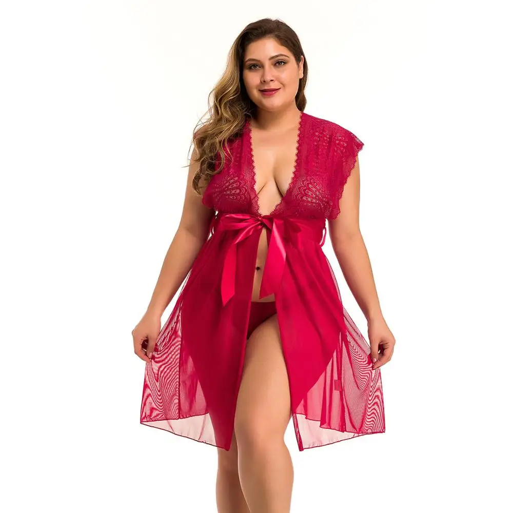 Buitifo Женская Горячая Сексуальная кружевная Пижама Babydoll Дамская прозрачная ночная рубашка с коротким рукавом с бантом Нижнее белье плюс размер с стринги