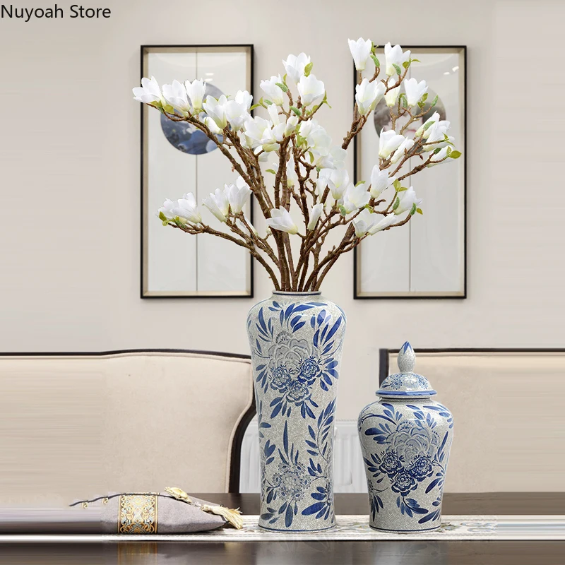 

Chinese Style Blue and White Porcelain Ceramic Vase Living Room Dried Flower Flower Arrangement Accessories Retro Storage Jar