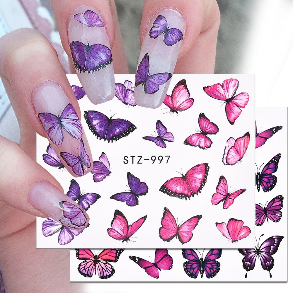 1 PC Pink Purple Butterflies Nails Art Manicure Stickers Decals 3D Spring Summer Theme Flowers Nail Slider Decor Decoration