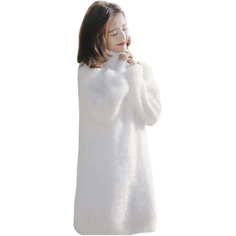 75cm length white Женские зимние вязаные платья европейский длинный рукав водолазка Повседневный тонкий теплый макси свитер платье размера плюс женская одежда L-66 - Цвет: 75cm length white