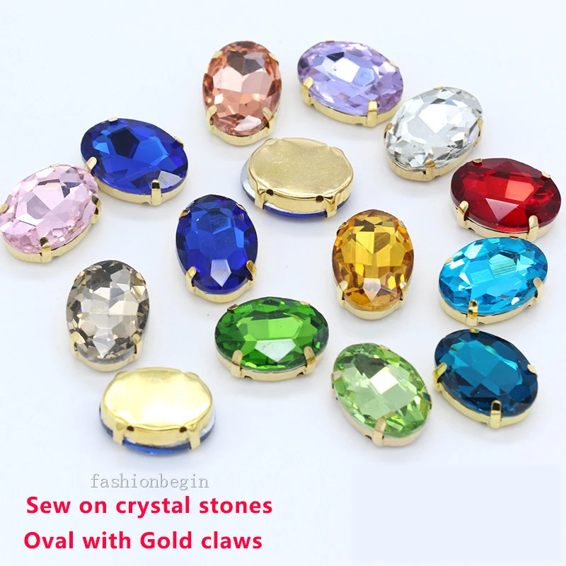 Sew On Oval Gold Claw Rhinestones for Crystal Jewelry Sewing Needlework Clothing Bags Trim Diy Crafts 24 Colors Many Sizes