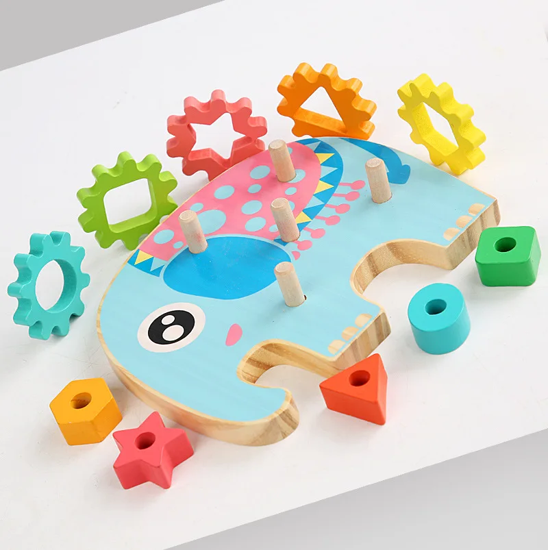 Children's Educational Toy Geometric Shape Matching and Inserting Column Wooden Building Blocks Gear Set Early Learning Toys
