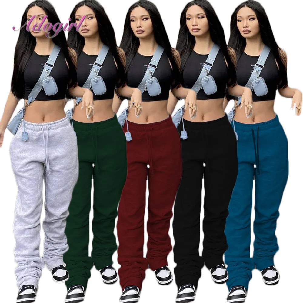 

Women Stacked Pants Solid High Waist Drawstring Pleated Pants Casual Autumn Sportwear Legging Sweatpants Outfit Workout Trousers