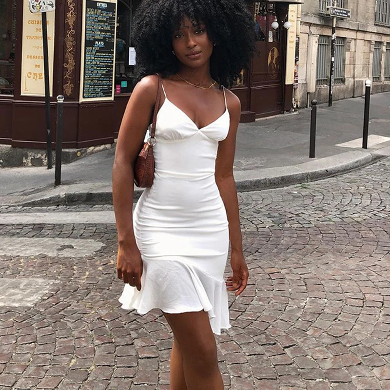Vestido corto femenino de verano sin mangas con tirantes finos, minivestido Sexy con escote en V para mujer, con volantes, para fiesta y vacaciones