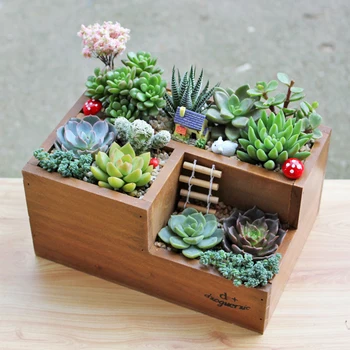 

DIY Wooden Pattern Succulent Planter Plant Container Box Desktop Remote Controller Storage Box