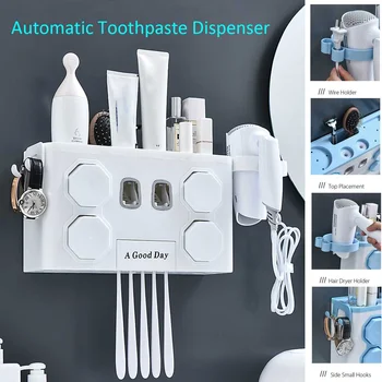 

1 Set Automatic Toothpaste Dispenser Toothbrush Holder with 4Cups Wall Mounted Hair Dryer Holder Bathroom Storage Shelf Rack