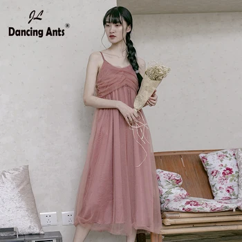 

Woman A-line Dress Sleeveless V-neck Elegant Dress Trend 2020 Korean Style Solid Loose Office Lady Mesh Female Mid-calf Dresses