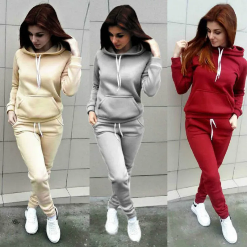 Solid Women Tracksuit Casual Hoodies Sweatshirt Pant Set Lounge Wear Sport Suit 2PCS Autumn Winter Clothes 3