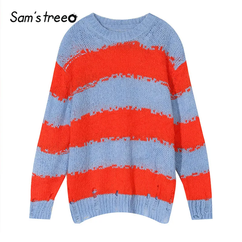 SAM'S TREE/Полосатые мохеровые пуловеры с вырезами, женские свитера, зимние модные мягкие цветные Свободные офисные женские топы с круглым вырезом