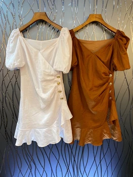 

2020 Spring and Summer New Bertha Waist Side Gold Buckle Decorative Lotus Leaf Short Sleeve Solid Color Dress 615