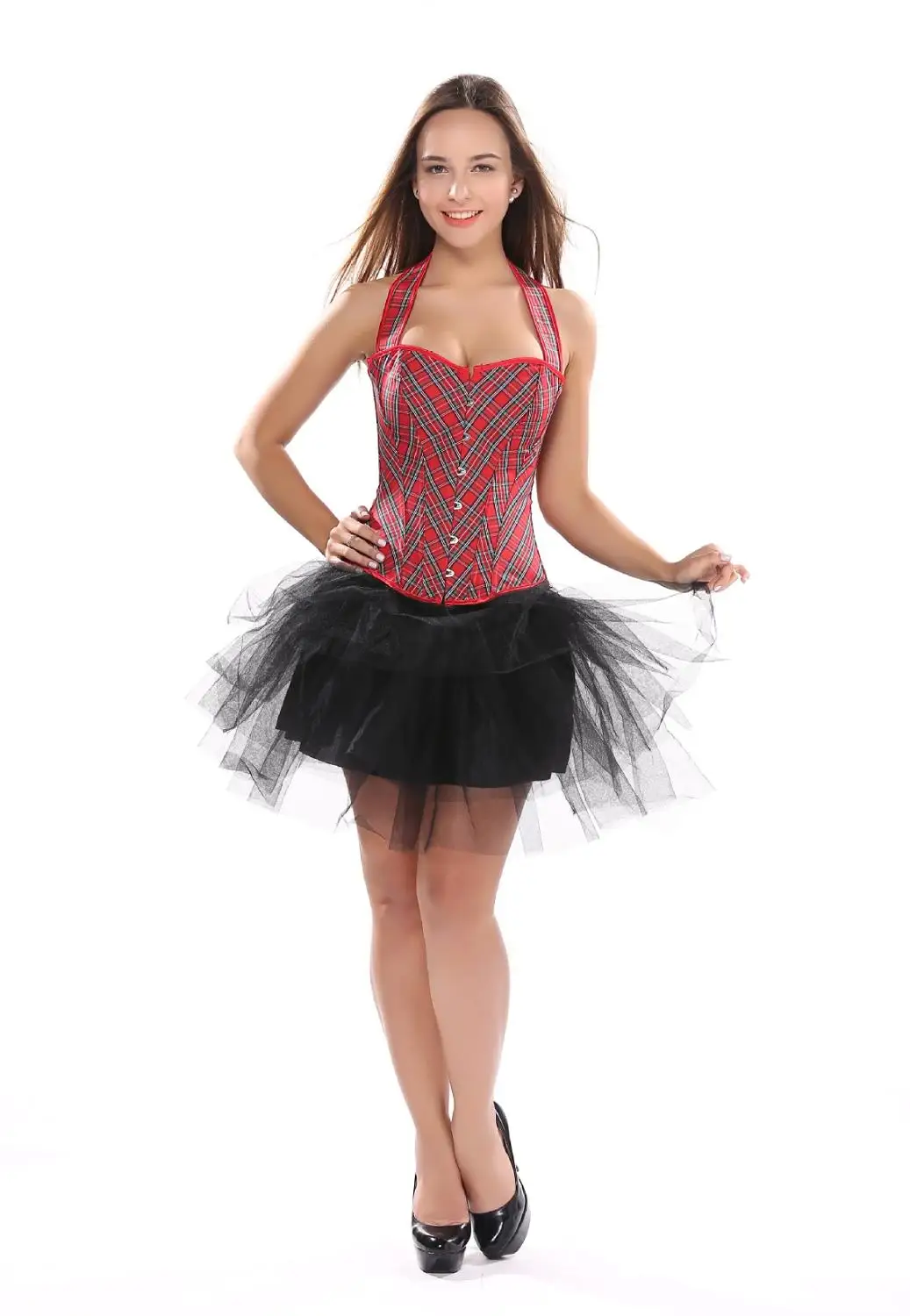 

Fashion Red Plaid Corset Sexy Women Bustier Corset With Strape Waist Sexy Corselet Overbust Halter Corsets Club Korset
