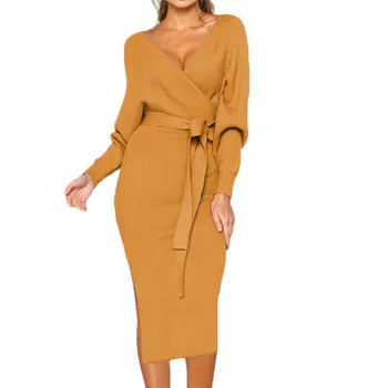 

Autumn Winter Warm Temperament Dress V-neck Lace-up Pencil High-waist Split Woman 2XL New Arrival
