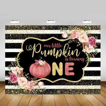 

Little Pumpkin One Birthday Party Backdrop Photocall Newborn 1st Birthday Cake Table Background Spray Gold Dots Stripes Flowers
