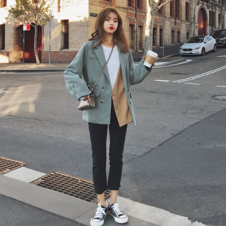 

Photo Shoot Main Push CHIC Non-mainstream Sense of Design Mock Two-Piece Joint Gray-green Contrast Color Double Breasted Loose-F