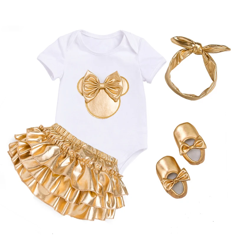 Newborn Baby Girl Clothes 4pcs Clothing Sets Cotton Rompers Golden Ruffle Bloomers Shorts Shoes Headband Clothes