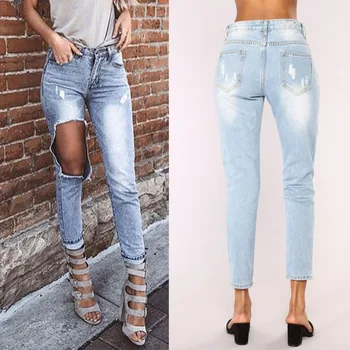 

2020 New Fashion Women High Street Crushed Denim Loose Straight Pants Nine Pants Women Sexy Hollow Jeans